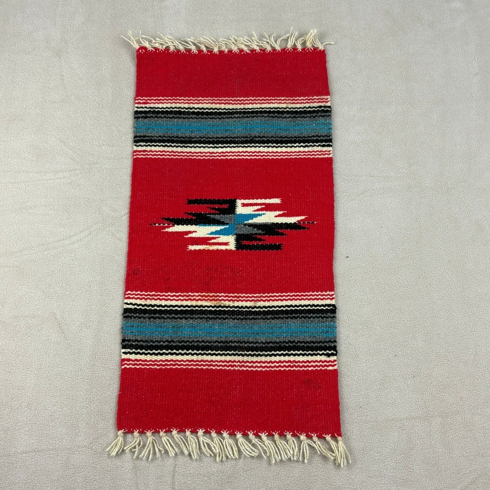 Vintage Chimayo Handmade Woven Wool Rug Indigenous Spanish‎ Textile 19 x 10